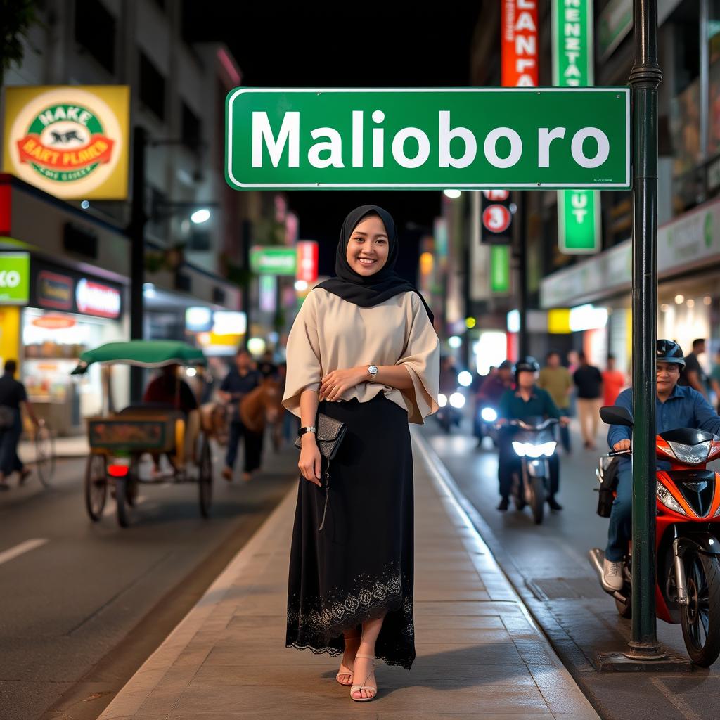 An Indonesian young woman standing elegantly and posing relaxed on the sidewalk of Jalan Malioboro at night in Yogyakarta