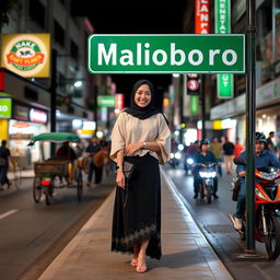 An Indonesian young woman standing elegantly and posing relaxed on the sidewalk of Jalan Malioboro at night in Yogyakarta