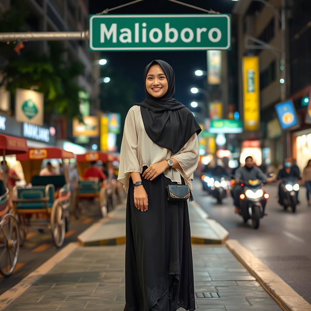 An Indonesian young woman standing elegantly and posing relaxed on the sidewalk of Jalan Malioboro at night in Yogyakarta