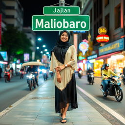An Indonesian young woman standing elegantly and posing relaxed on the sidewalk of Jalan Malioboro at night in Yogyakarta