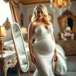 A slim but curvy girl with blond hair, soft facial features, and a half-smile, showcasing pink lipstick and blue frosted eye shadow
