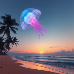 A surreal landscape featuring a gigantic, translucent jellyfish drifting above a tranquil beach during sunset