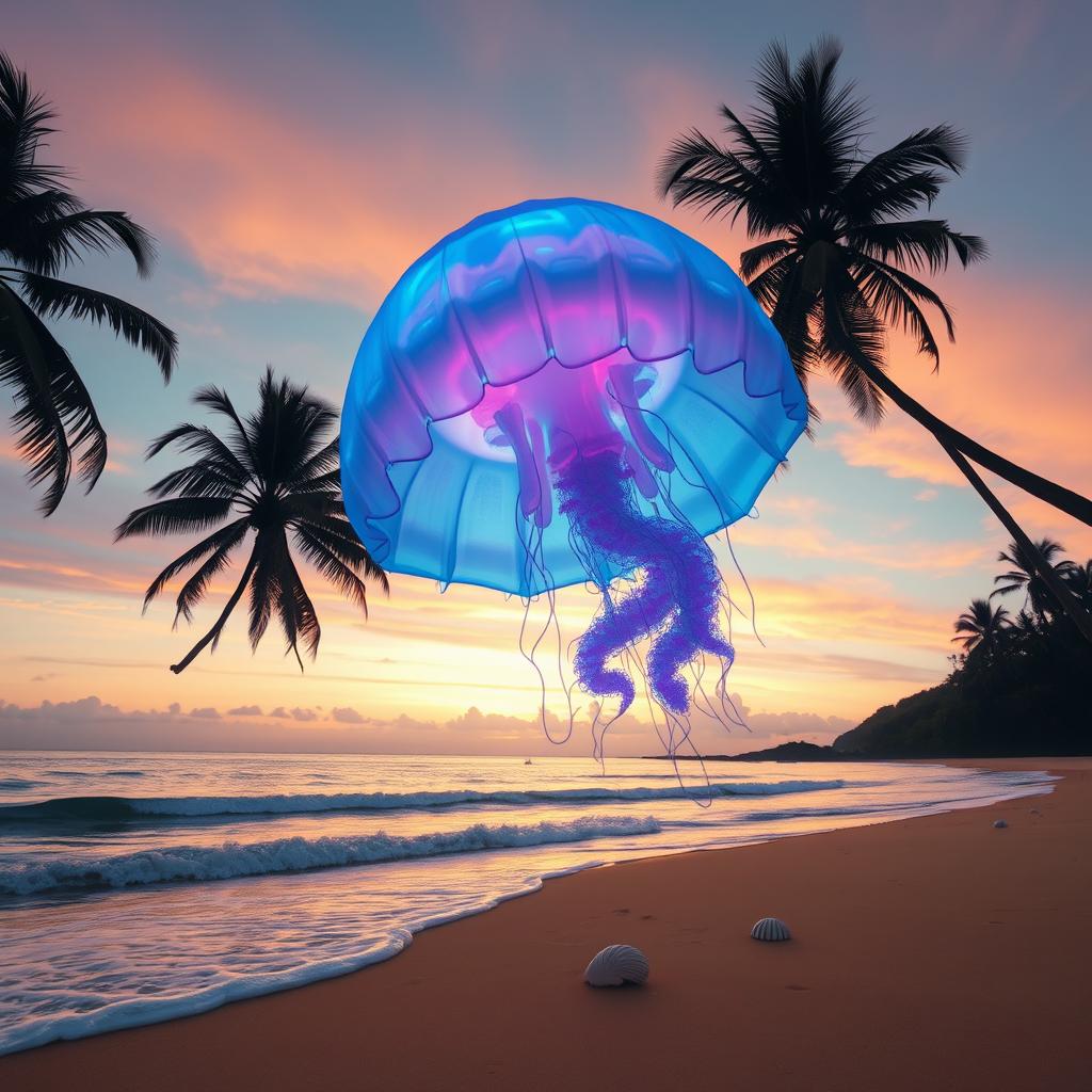 A surreal landscape featuring a gigantic, translucent jellyfish drifting above a tranquil beach during sunset