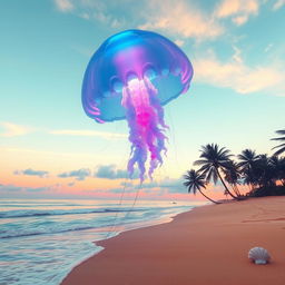 A surreal landscape featuring a gigantic, translucent jellyfish drifting above a tranquil beach during sunset