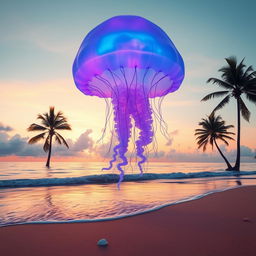 A surreal landscape featuring a gigantic, translucent jellyfish drifting above a tranquil beach during sunset