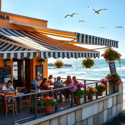 A charming Italian cafe with a striped awning by the ocean, featuring rustic wooden furniture and colorful potted flowers along the railing