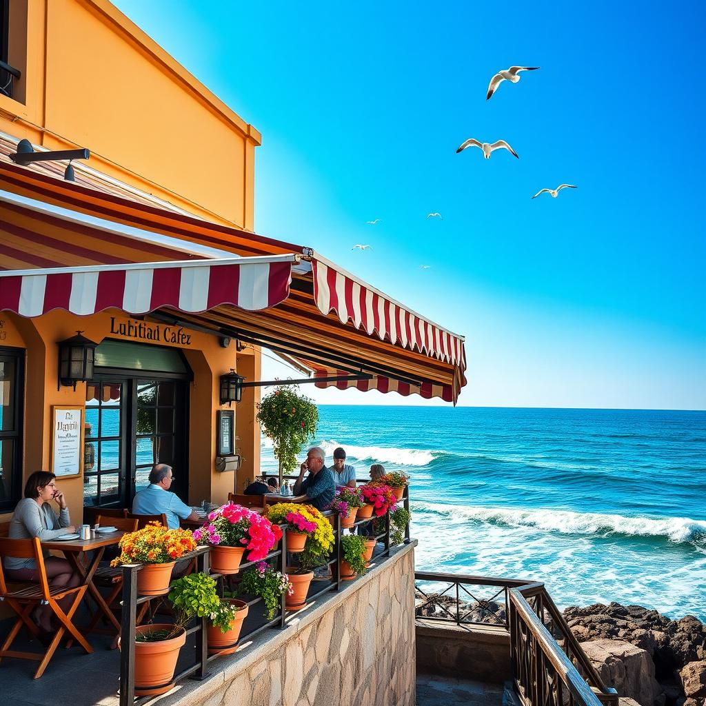 A charming Italian cafe with a striped awning by the ocean, featuring rustic wooden furniture and colorful potted flowers along the railing