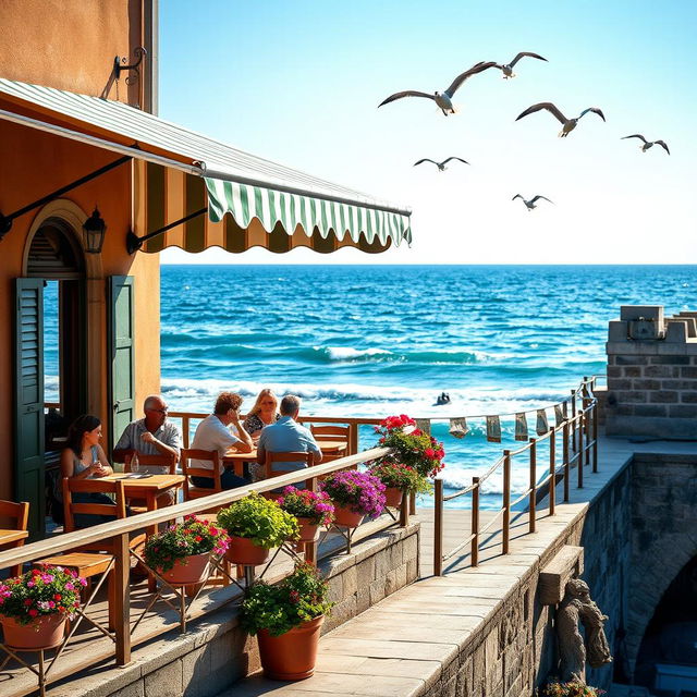 A charming Italian cafe with a striped awning by the ocean, featuring rustic wooden furniture and colorful potted flowers along the railing