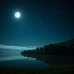 A serene nighttime landscape featuring a calm lake reflecting a starry sky filled with bright stars