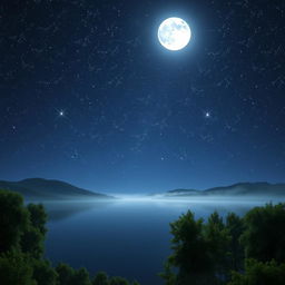A serene nighttime landscape featuring a calm lake reflecting a starry sky filled with bright stars