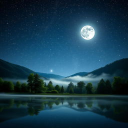 A serene nighttime landscape featuring a calm lake reflecting a starry sky filled with bright stars