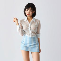 A gravure model female cosplaying in a white shirt that is thin and nearly see-through, showcasing her body from head to knees