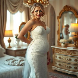 A slim but curvy girl with blond hair, soft facial features, and a half smile, showcasing pink lipstick and blue frosted eye shadow