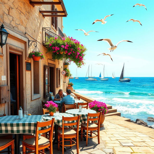 A quaint old Italian cafe by the ocean, featuring rustic wooden furniture and a charming outdoor patio adorned with colorful flowers