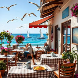A quaint old Italian cafe by the ocean, featuring rustic wooden furniture and a charming outdoor patio adorned with colorful flowers