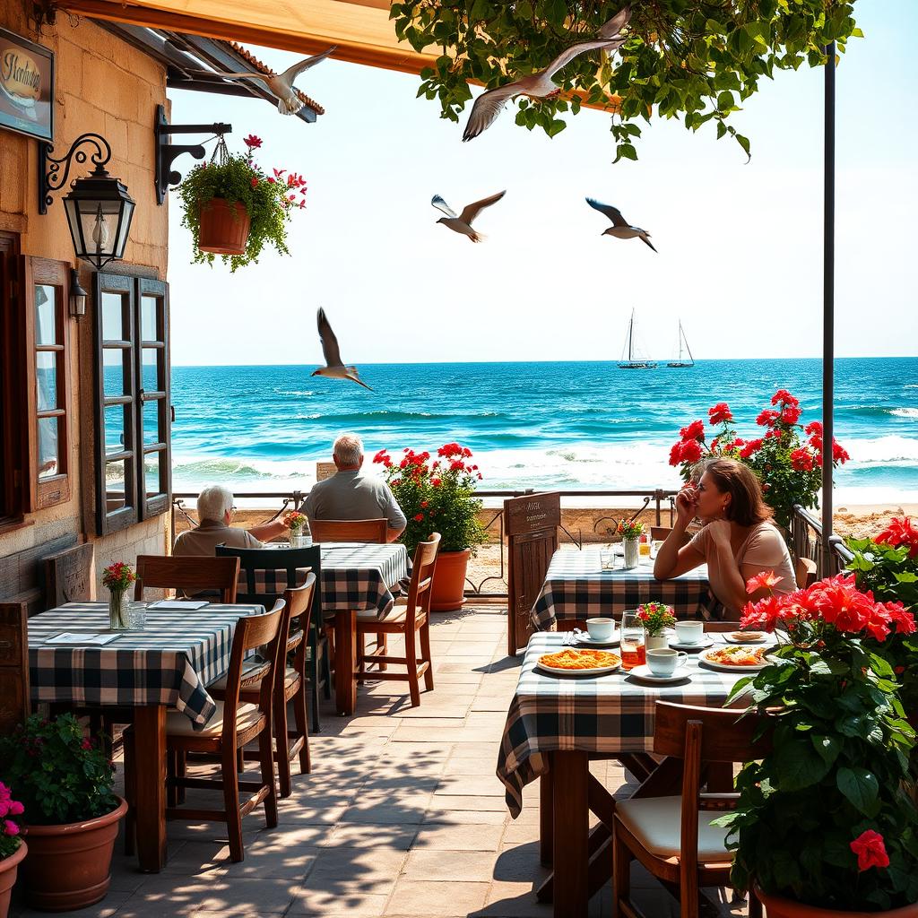 A quaint old Italian cafe by the ocean, featuring rustic wooden furniture and a charming outdoor patio adorned with colorful flowers