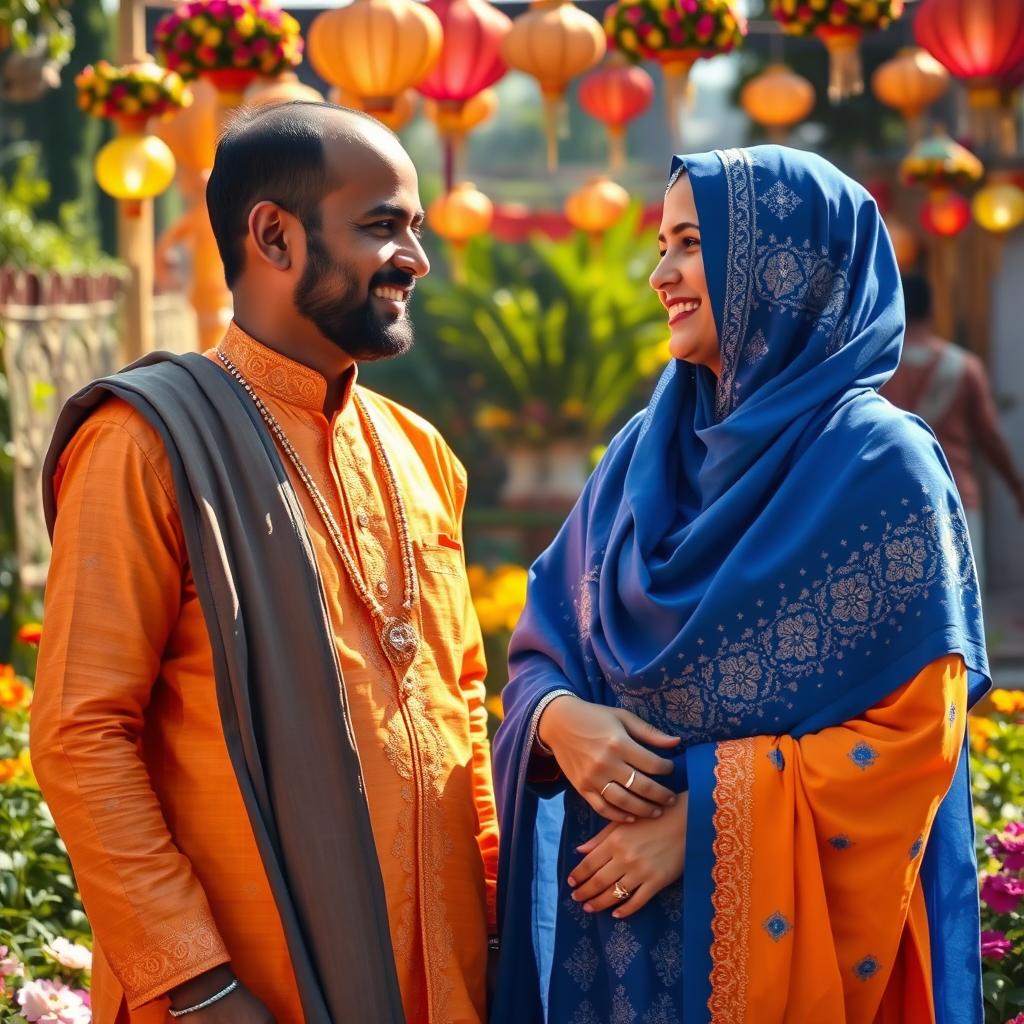 A Hindu man and a Muslim woman engaging in a joyful cultural exchange, dressed in traditional attire