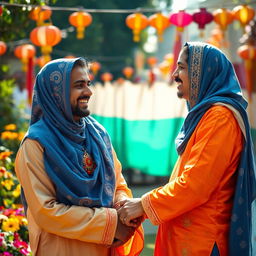 A Hindu man and a Muslim woman engaging in a joyful cultural exchange, dressed in traditional attire