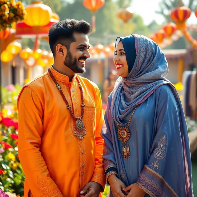 A Hindu man and a Muslim woman engaging in a joyful cultural exchange, dressed in traditional attire