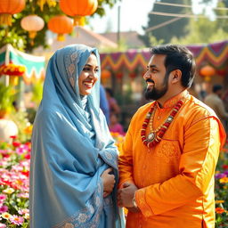 A Hindu man and a Muslim woman engaging in a joyful cultural exchange, dressed in traditional attire