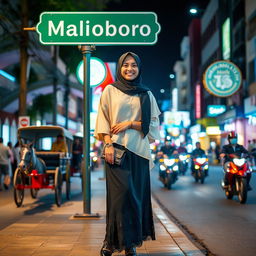 An Indonesian young woman standing elegantly and posing relaxed on the sidewalk of Jalan Malioboro at night in Yogyakarta