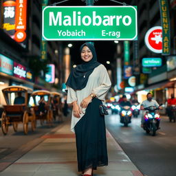 An Indonesian young woman standing elegantly and posing relaxed on the sidewalk of Jalan Malioboro at night in Yogyakarta