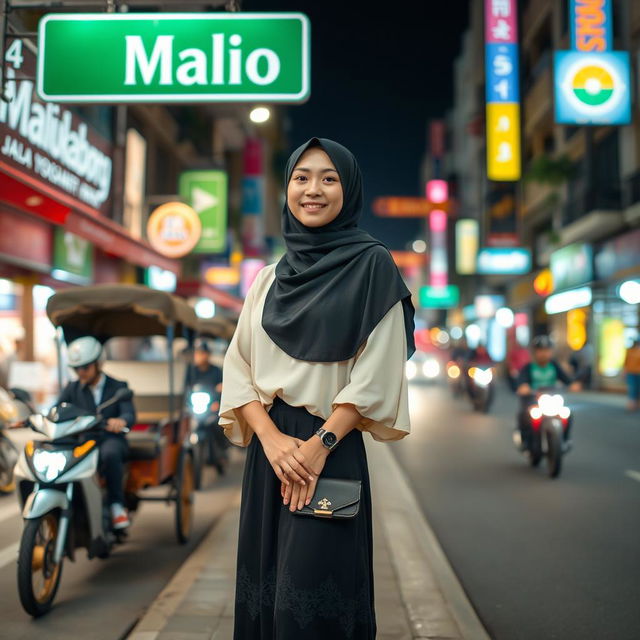 An Indonesian young woman standing elegantly and posing relaxed on the sidewalk of Jalan Malioboro at night in Yogyakarta