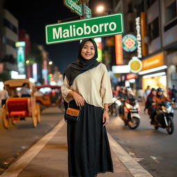 An Indonesian young woman standing elegantly and posing relaxed on the sidewalk of Jalan Malioboro at night in Yogyakarta