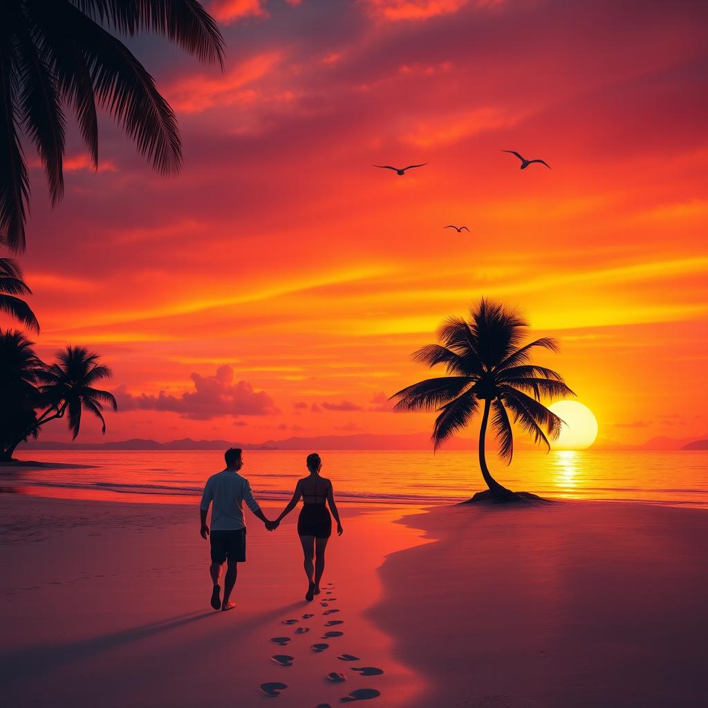 A vibrant sunset over a serene beach, with palm trees swaying gently in the breeze