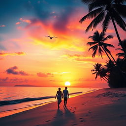 A vibrant sunset over a serene beach, with palm trees swaying gently in the breeze