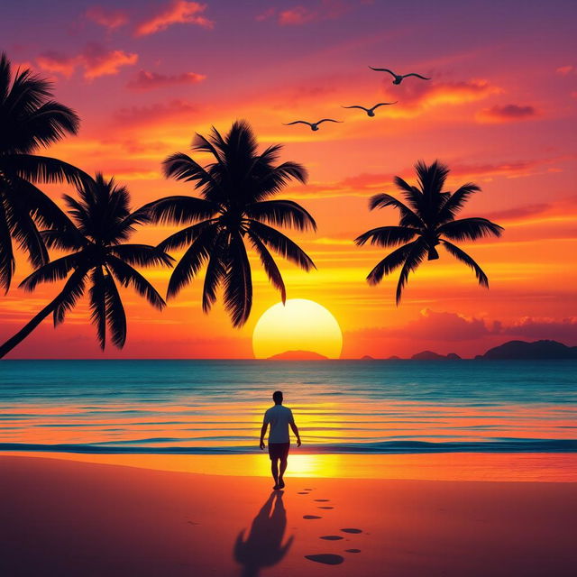 A vibrant sunset over a serene beach, with palm trees swaying gently in the breeze