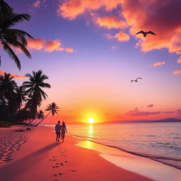 A vibrant sunset over a serene beach, with palm trees swaying gently in the breeze