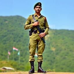 A soldier dressed in the traditional Indian Army uniform, featuring a crisp olive green uniform with distinctive badges and insignias