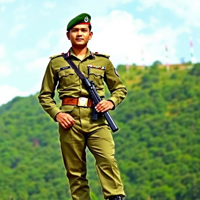 A soldier dressed in the traditional Indian Army uniform, featuring a crisp olive green uniform with distinctive badges and insignias