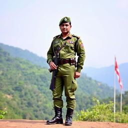 A soldier dressed in the traditional Indian Army uniform, featuring a crisp olive green uniform with distinctive badges and insignias