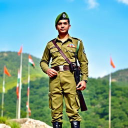 A soldier dressed in the traditional Indian Army uniform, featuring a crisp olive green uniform with distinctive badges and insignias