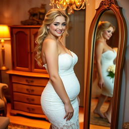 A slim but curvy 19-year-old girl with blond hair, soft facial features, and a gentle half smile, enhanced by pink lipstick and blue frosted eye shadow