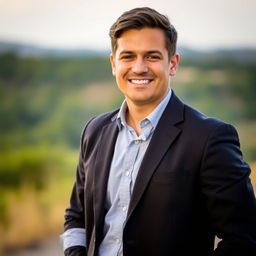 A professional, yet casual portrait of a confident individual standing in an outdoor setting, wearing a smart-casual outfit consisting of a stylish blazer over a neat shirt, with slightly rolled-up sleeves