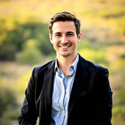 A professional, yet casual portrait of a confident individual standing in an outdoor setting, wearing a smart-casual outfit consisting of a stylish blazer over a neat shirt, with slightly rolled-up sleeves