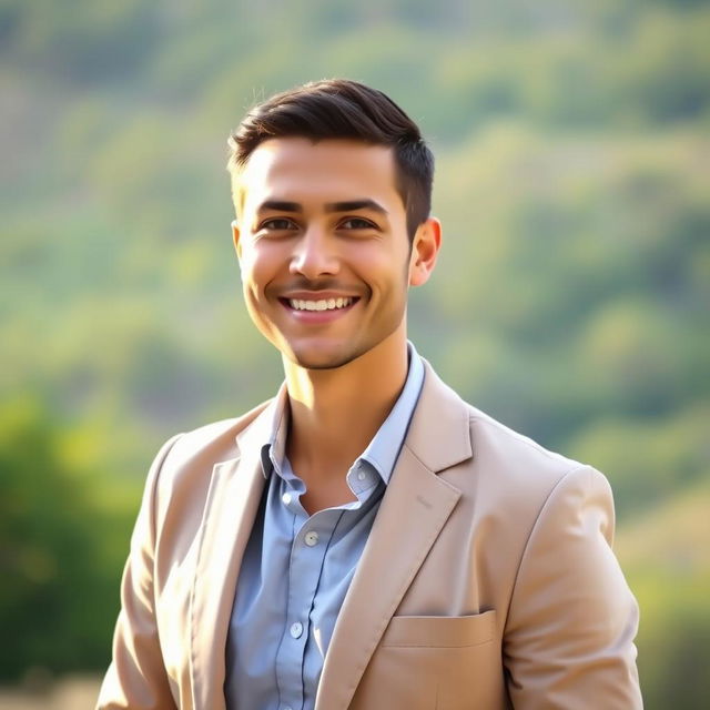 A professional, yet casual portrait of a confident individual standing in an outdoor setting, wearing a smart-casual outfit consisting of a stylish blazer over a neat shirt, with slightly rolled-up sleeves