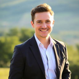 A professional, yet casual portrait of a confident individual standing in an outdoor setting, wearing a smart-casual outfit consisting of a stylish blazer over a neat shirt, with slightly rolled-up sleeves