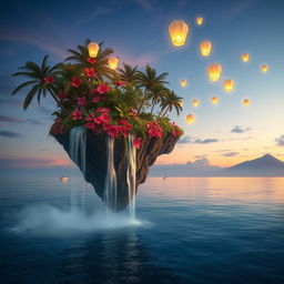A mesmerizing dreamscape featuring a floating island above a tranquil sea under a twilight sky