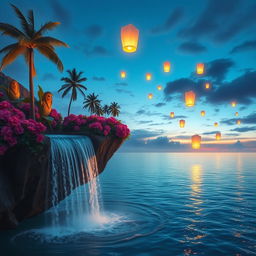 A mesmerizing dreamscape featuring a floating island above a tranquil sea under a twilight sky