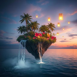 A mesmerizing dreamscape featuring a floating island above a tranquil sea under a twilight sky