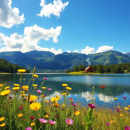 A serene landscape featuring a picturesque lake surrounded by lush green mountains