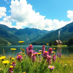 A serene landscape featuring a picturesque lake surrounded by lush green mountains