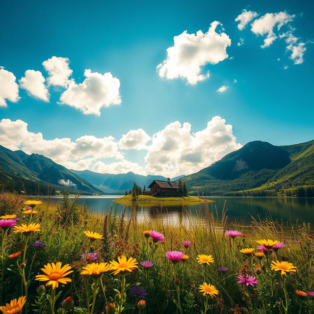 A serene landscape featuring a picturesque lake surrounded by lush green mountains