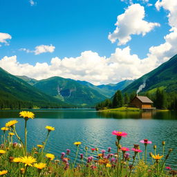 A serene landscape featuring a picturesque lake surrounded by lush green mountains