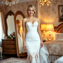 A slim but curvy 19-year-old girl with blond hair, soft facial features, and a charming half-smile, enhanced by pink lipstick and blue frosted eye shadow