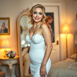 A slim but curvy 19-year-old girl with blond hair, soft facial features, and a charming half-smile, enhanced by pink lipstick and blue frosted eye shadow